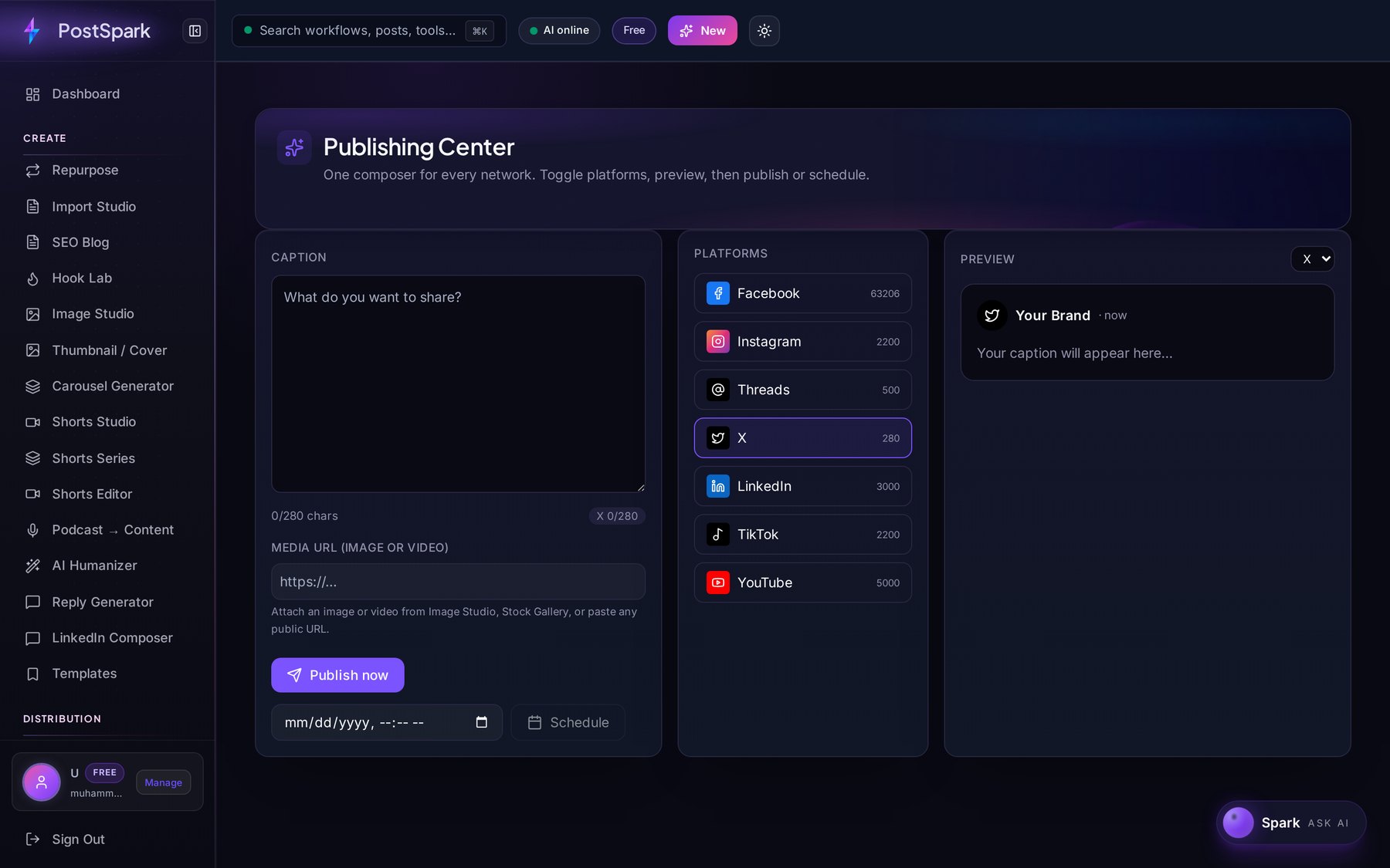 PostSpark publishing center with platform toggles
