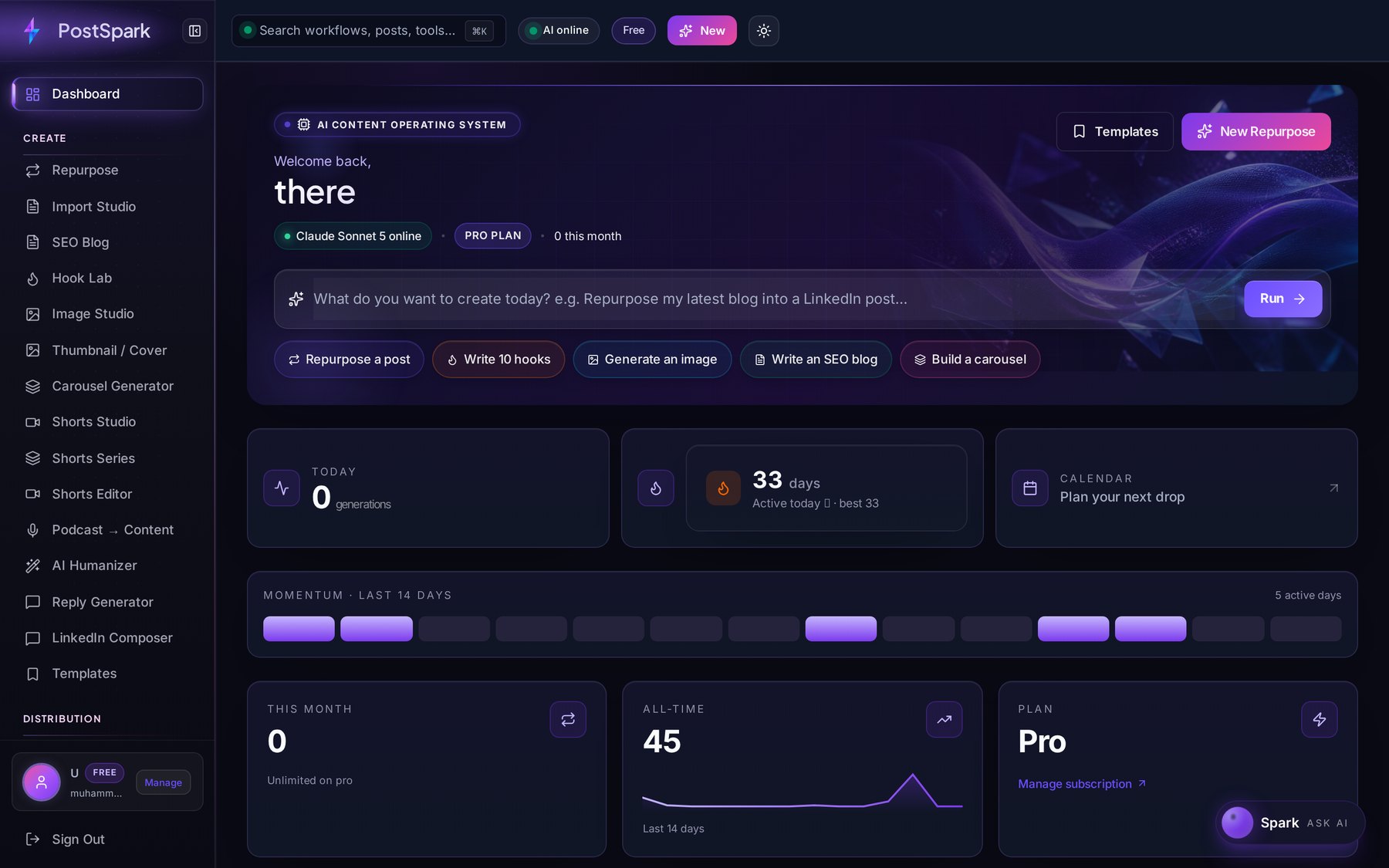 PostSpark dashboard showing the AI content workspace, quick actions and generation stats