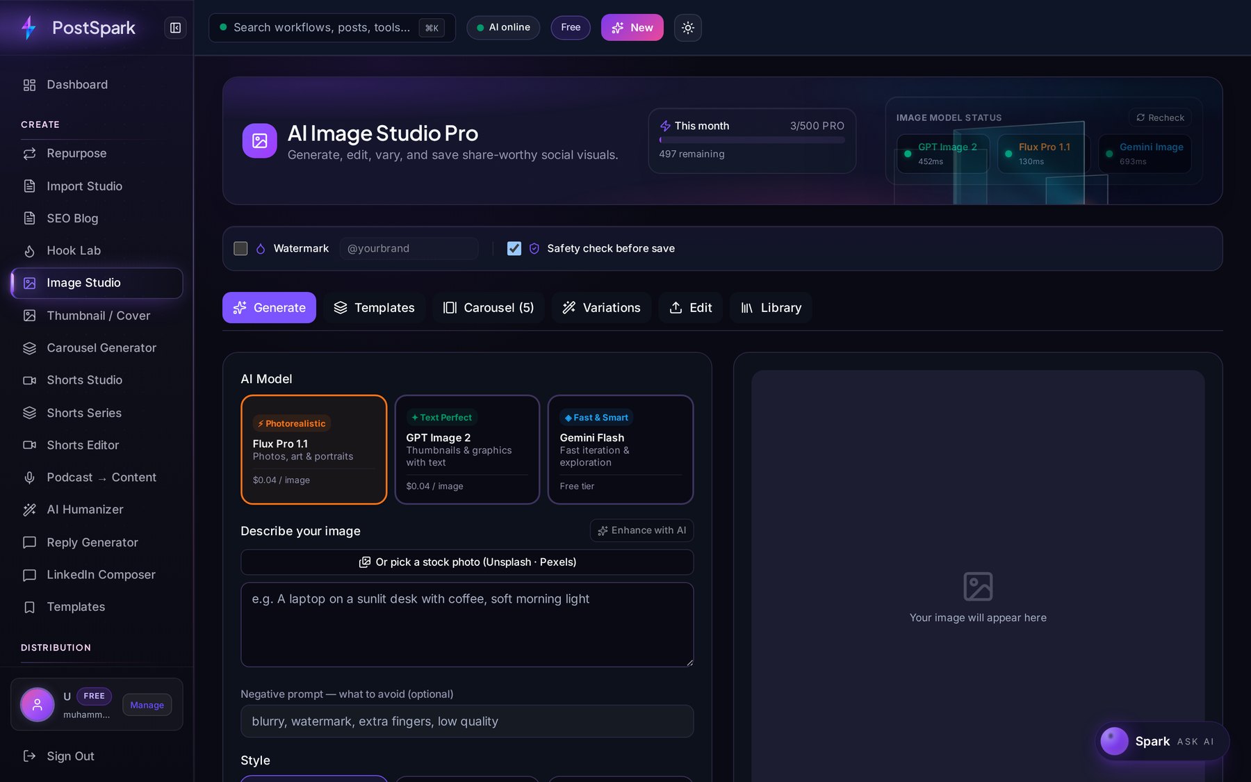 PostSpark output panel with generated content pieces